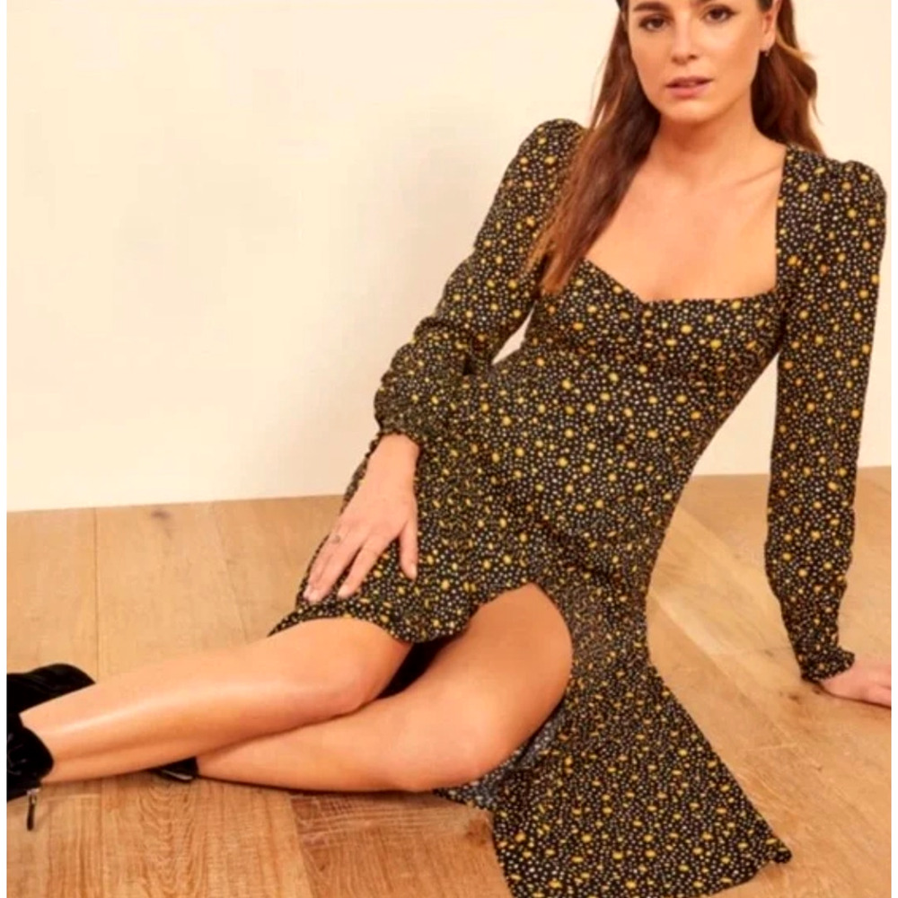 NEW! Reformation 10 Daisy Hunt Midi Dress Long Sleeve Dark Floral Black Yellow - Picture 2 of 9